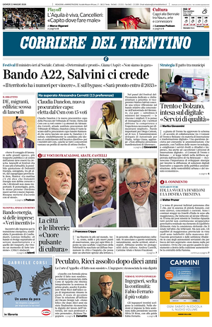 Prima pagina Corriere del Trentino di oggi - Quotidiano regionale