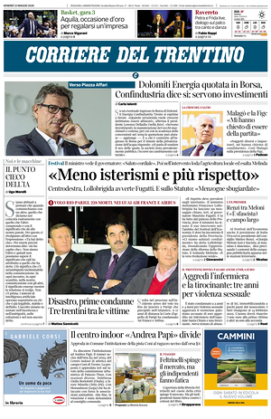 Prima pagina Corriere del Trentino di oggi - Quotidiano regionale