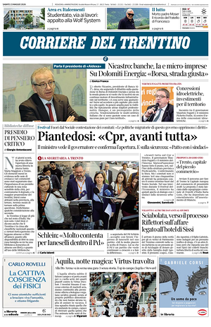 Prima pagina Corriere del Trentino di oggi - Quotidiano regionale