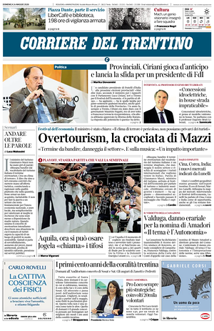 Prima pagina Corriere del Trentino di oggi - Quotidiano regionale