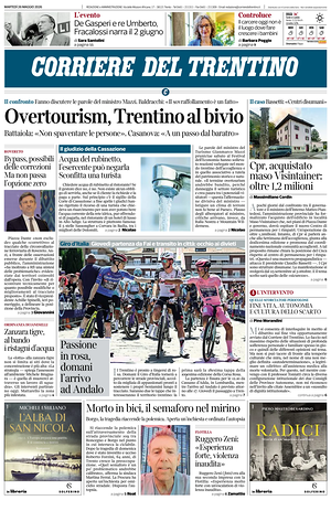 Prima pagina Corriere del Trentino di oggi - Quotidiano regionale
