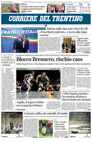 Prima pagina Corriere del Trentino di oggi - Quotidiano regionale