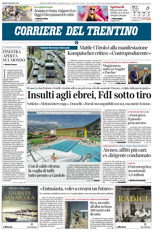 Prima pagina Corriere del Trentino di oggi - Quotidiano regionale