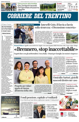 Prima pagina Corriere del Trentino di oggi - Quotidiano regionale