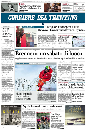 Prima pagina Corriere del Trentino di oggi - Quotidiano regionale