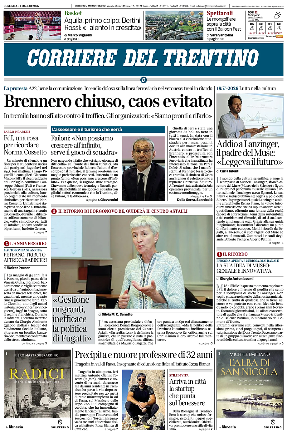Prima pagina Corriere del Trentino di oggi - Edicola 31 Maggio 2026