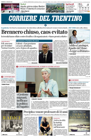 Prima pagina Corriere del Trentino di oggi - Quotidiano regionale