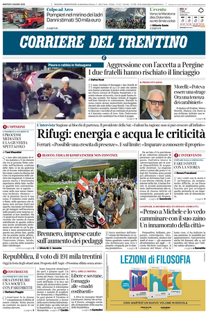 Prima pagina Corriere del Trentino di oggi - Quotidiano regionale