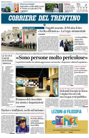 Prima pagina Corriere del Trentino di oggi - Quotidiano regionale