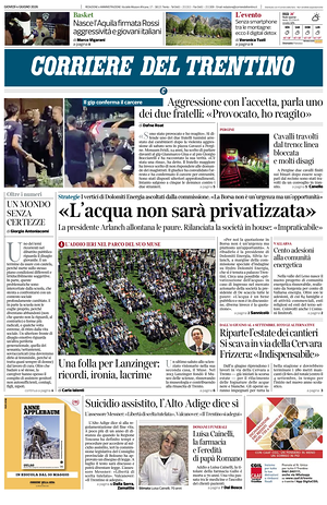 Prima pagina Corriere del Trentino di oggi - Quotidiano regionale