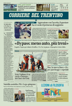 Prima pagina Corriere del Trentino di oggi - Quotidiano regionale