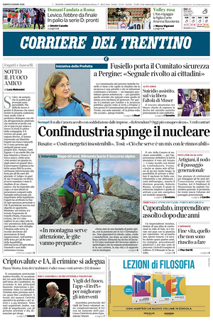 Prima pagina Corriere del Trentino di oggi - Quotidiano regionale