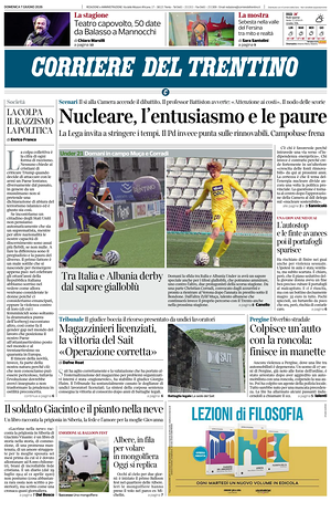 Prima pagina Corriere del Trentino di oggi - Quotidiano regionale