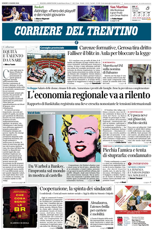 Prima pagina Corriere del Trentino di oggi - Quotidiano regionale