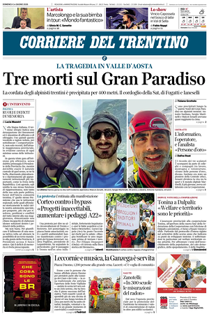 Prima pagina Corriere del Trentino di oggi - Quotidiano regionale