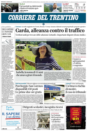 Prima pagina Corriere del Trentino di oggi - Quotidiano regionale