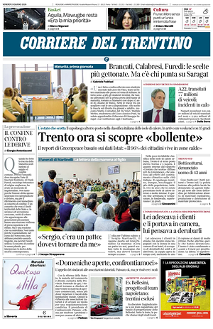 Prima pagina Corriere del Trentino di oggi - Quotidiano regionale