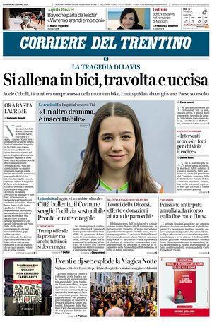 Prima pagina Corriere del Trentino di oggi - Quotidiano regionale