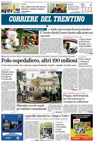 Prima pagina Corriere del Trentino di oggi - Quotidiano regionale