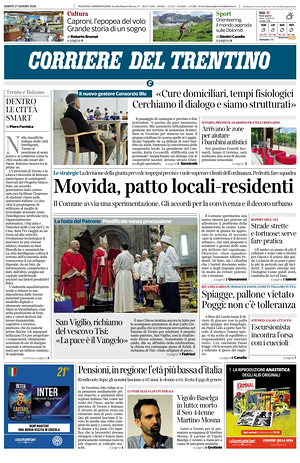 Prima pagina Corriere del Trentino di oggi - Quotidiano regionale