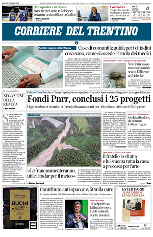 Prima pagina Corriere del Trentino di oggi - Quotidiano regionale