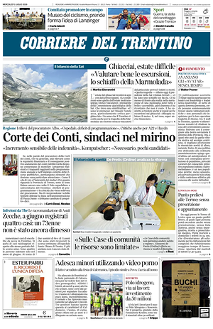 Prima pagina Corriere del Trentino di oggi - Quotidiano regionale