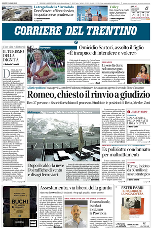 Prima pagina Corriere del Trentino di oggi - Quotidiano regionale