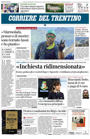 Prima pagina Corriere del Trentino di oggi - Quotidiano regionale