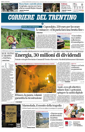 Prima pagina Corriere del Trentino di oggi - Quotidiano regionale