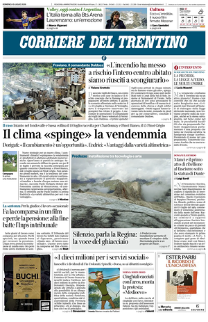 Prima pagina Corriere del Trentino di oggi - Quotidiano regionale