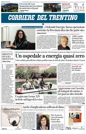 Prima pagina Corriere del Trentino di oggi - Quotidiano regionale