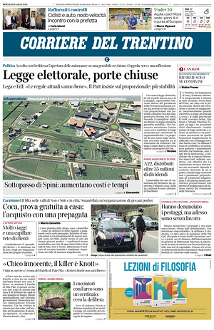 Prima pagina Corriere del Trentino di oggi - Quotidiano regionale
