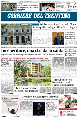 Prima pagina Corriere del Trentino di oggi - Quotidiano regionale