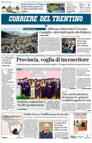 Prima pagina Corriere del Trentino di oggi - Quotidiano regionale