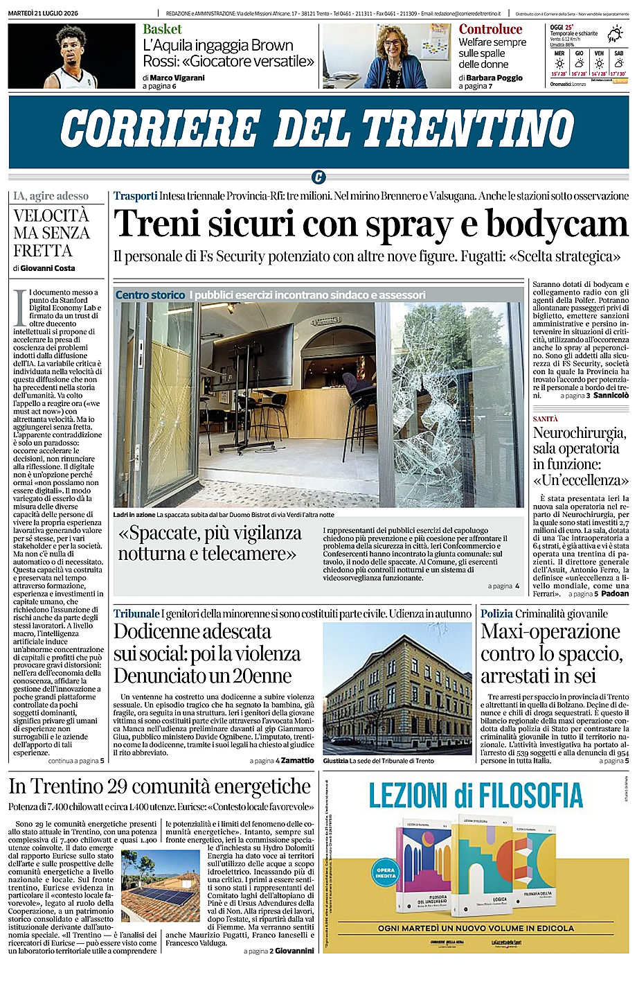 Prima pagina Corriere del Trentino di oggi - Edicola 21 Luglio 2026