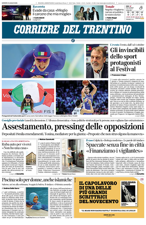 Prima pagina Corriere del Trentino di oggi - Quotidiano regionale