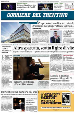 Prima pagina Corriere del Trentino di oggi - Quotidiano regionale