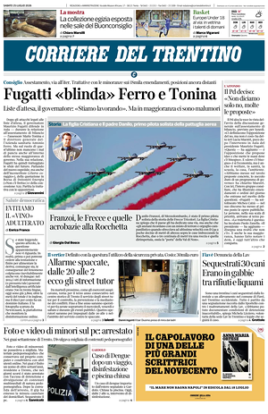 Prima pagina Corriere del Trentino di oggi - Quotidiano regionale