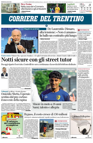 Prima pagina Corriere del Trentino di oggi - Quotidiano regionale