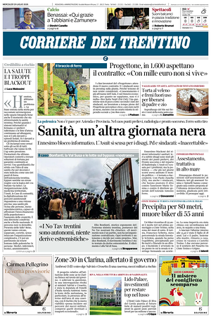 Prima pagina Corriere del Trentino di oggi - Quotidiano regionale