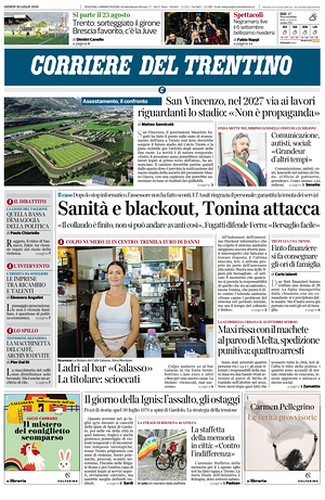 Prima pagina Corriere del Trentino di oggi - Quotidiano regionale