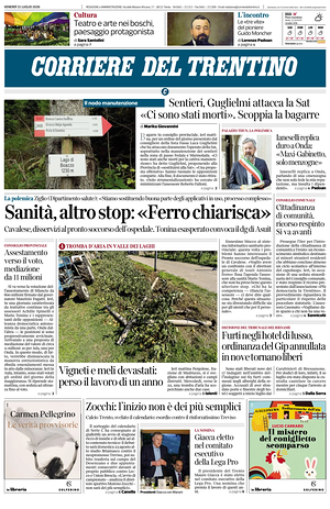 Prima pagina Corriere del Trentino di oggi - Quotidiano regionale