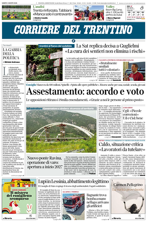 Prima pagina Corriere del Trentino di oggi - Quotidiano regionale