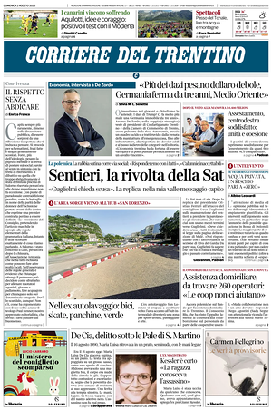 Prima pagina Corriere del Trentino di oggi - Quotidiano regionale