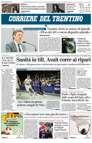 Prima pagina Corriere del Trentino di oggi - Quotidiano regionale