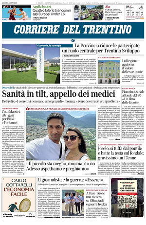 Prima pagina Corriere del Trentino di oggi - Quotidiano regionale