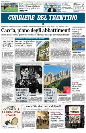 Prima pagina Corriere del Trentino di oggi - Quotidiano regionale