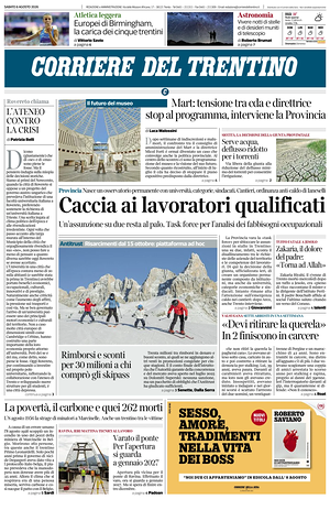 Prima pagina Corriere del Trentino di oggi - Quotidiano regionale