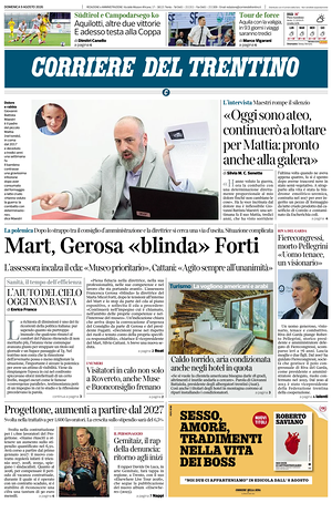 Prima pagina Corriere del Trentino di oggi - Quotidiano regionale