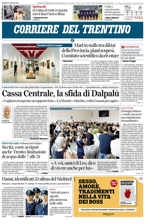 Prima pagina Corriere del Trentino di oggi - Quotidiano regionale